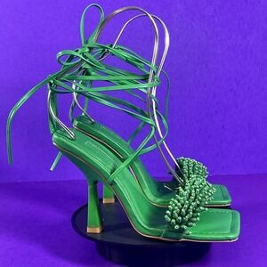Topshop Green Riley Beaded Trim Heeled Sandal With Ankle Tiel Women's Size 6-NEW